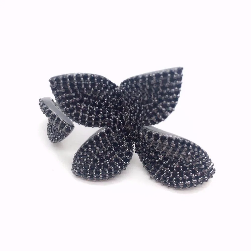 black Кольца в виде большого листа для женщин Cz Pave Setting элегантный уникальный дизайн цветок розы Открытый регулируемый любовь модные вечерние аксессуары для пальцев - Цвет основного камня: black