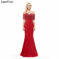 janevini charming long bridesmaid dresses 2018 sheer scoop neck backless luxury beaded mermaid red satin prom gowns floor length