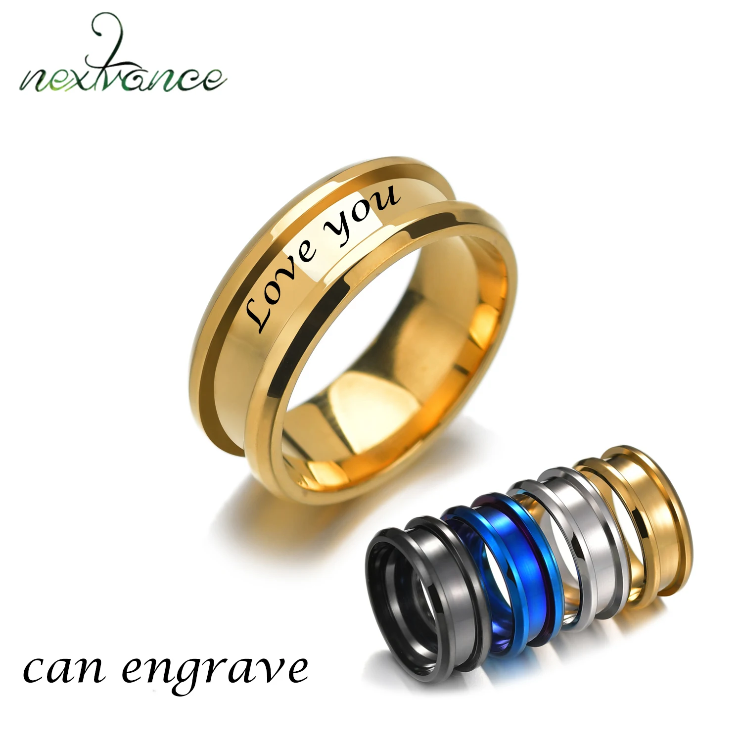 

Nextvance High Polishing Engraved Name Rings Stainless Steel Gold Finger Ring 8mm For Lover Friend Personalized Gift