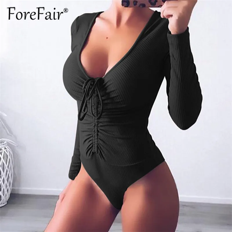 Облегающий Черный боди Forefair осенне-зимние комбинезоны женские с длинным рукавом