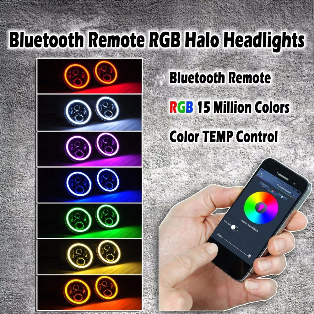 7 дюймов светодиодный фары 60 Вт с разноцветными RGB Halo угол глаза приложение пульт