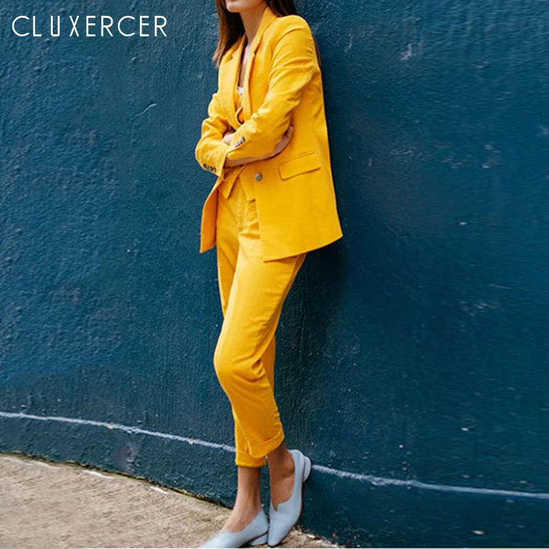 Женский офисный костюм элегантный желтый пиджак + жилет брюки комплект из 3