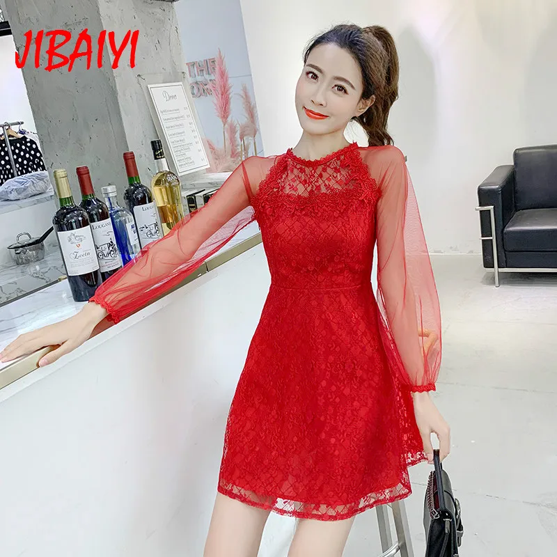 JIBAIYI сексуальные кружевные вечерние платья женские красные открытые с длинным