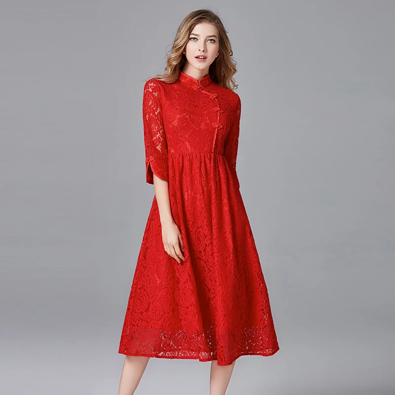 TAOYIZHUAI 2019 New Arrival Winter Women Red Dress Plus Size L Hollow Out Fit And Flare Thicken Lace Long 14152(R) | Женская одежда