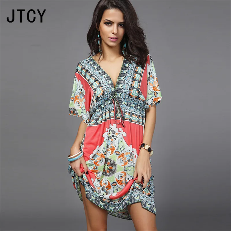 JTCY свободные сексуальные Цветочный принт Для женщин платья с v-образным вырезом