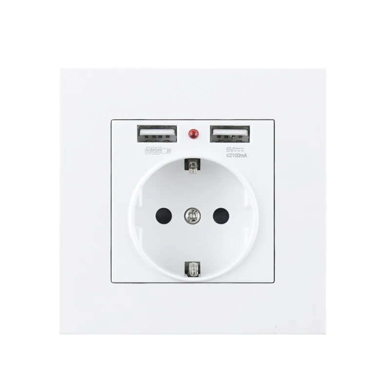 EU Standard 16А розетка, розетка, ЕС, Франция, стандарт, двойной USB порт, 5 В, 2.1A, настенное зарядное устройство, адаптер со светодиодным индикатором, ПК, пластиковая панель - Type: EU Standard