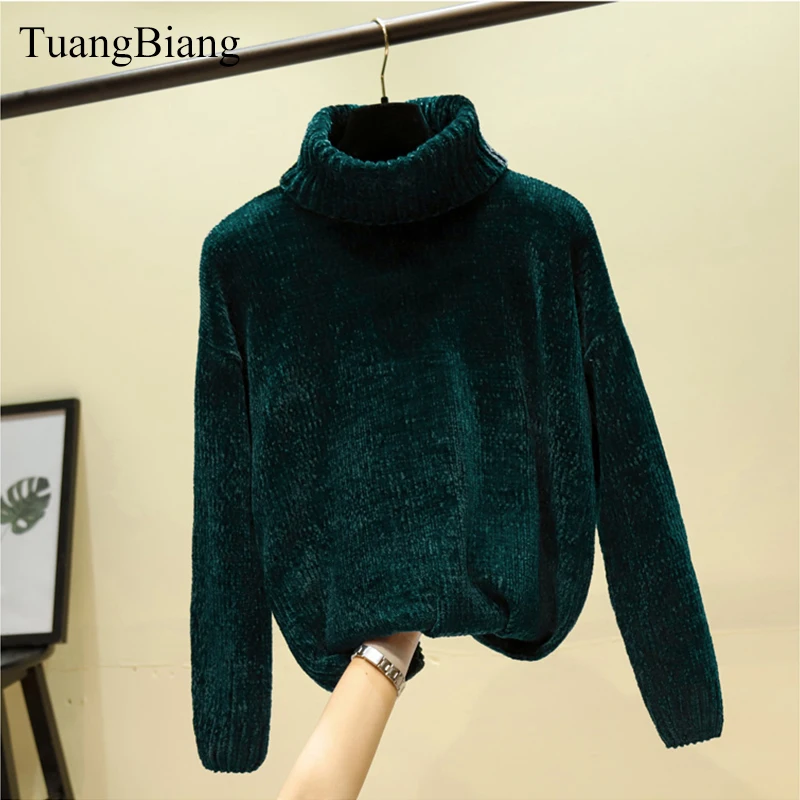 Chic Vintage Chenille Cashmere Womens Full sleeve Gold Velvet Sweaters Winter Ladies Solid Turtleneck Loose Female jumpers 2020 | Женская