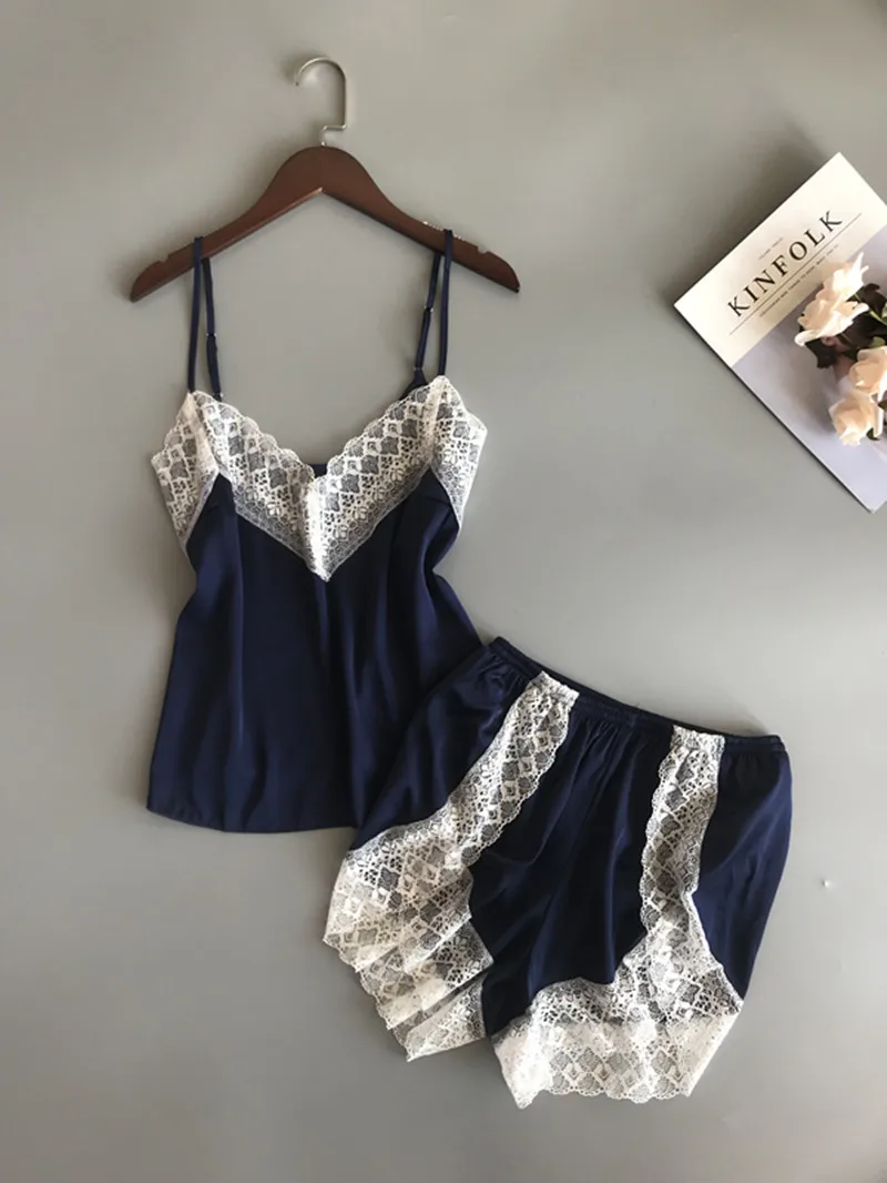 dark blue BZEL, новые пижамные комплекты, сексуальные кружевные пижамы для женщин, с v-образным вырезом, Пижама для женщин, летняя одежда для сна, атласное ночное белье, женское нижнее белье - Цвет: dark blue