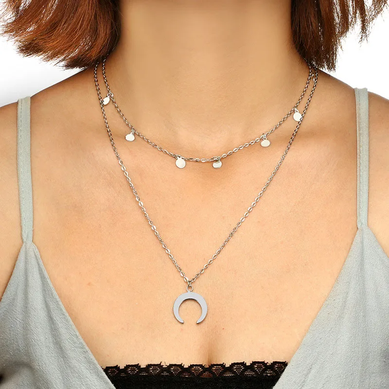 2018 модная Длинная цепочка из сплава многослойное ожерелье полумесяц подвеска в