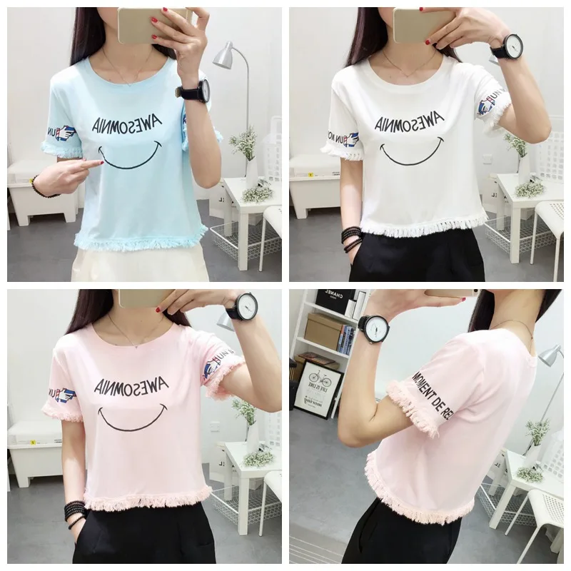 2019 летняя Милая футболка с буквенным принтом женская бахромой топы круглым
