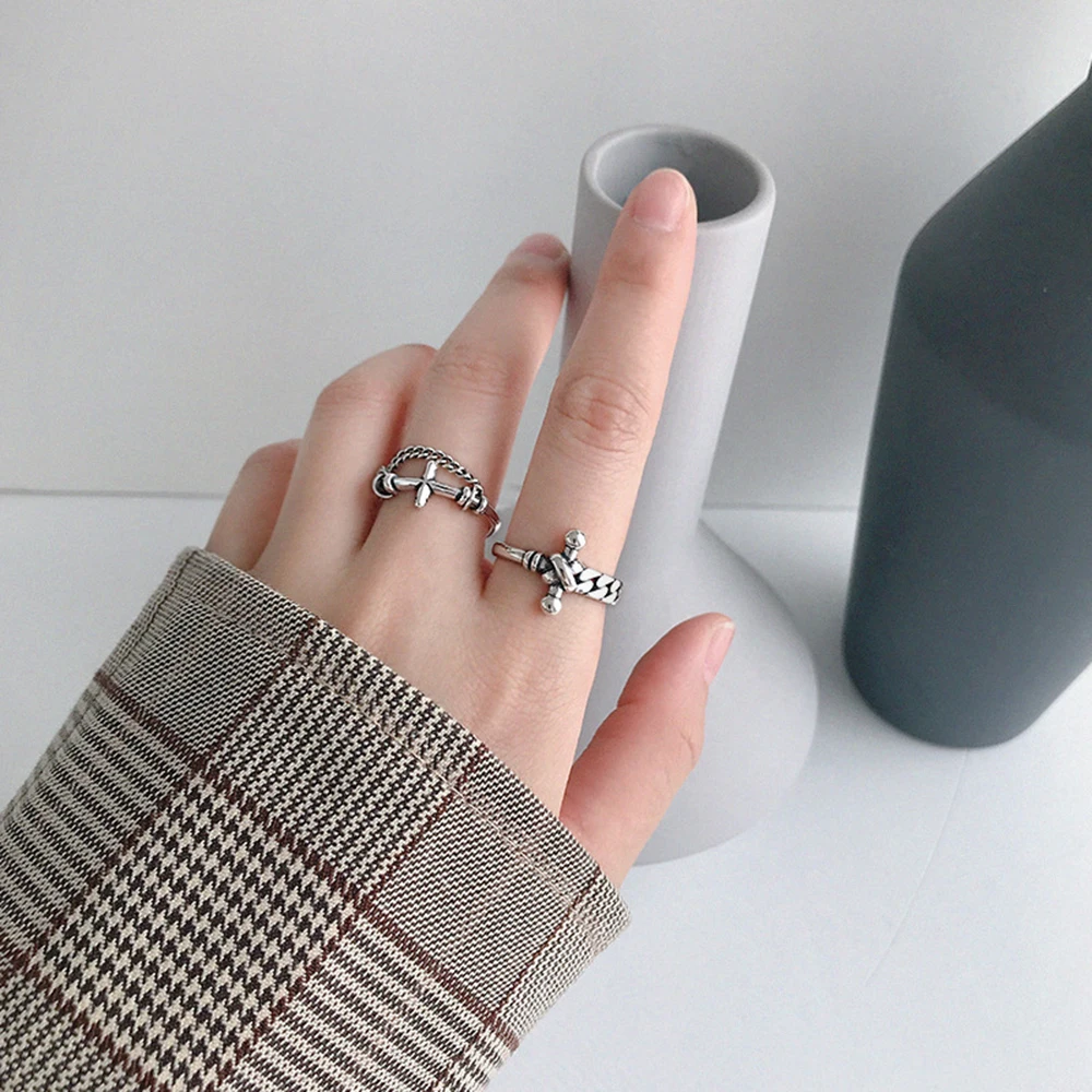 Стерлинговое Серебро 925 старинная цепочка трость контур крест кольцо