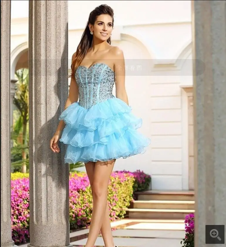 2017 платье для выпускного со стразами небесно голубое многослойное короткий