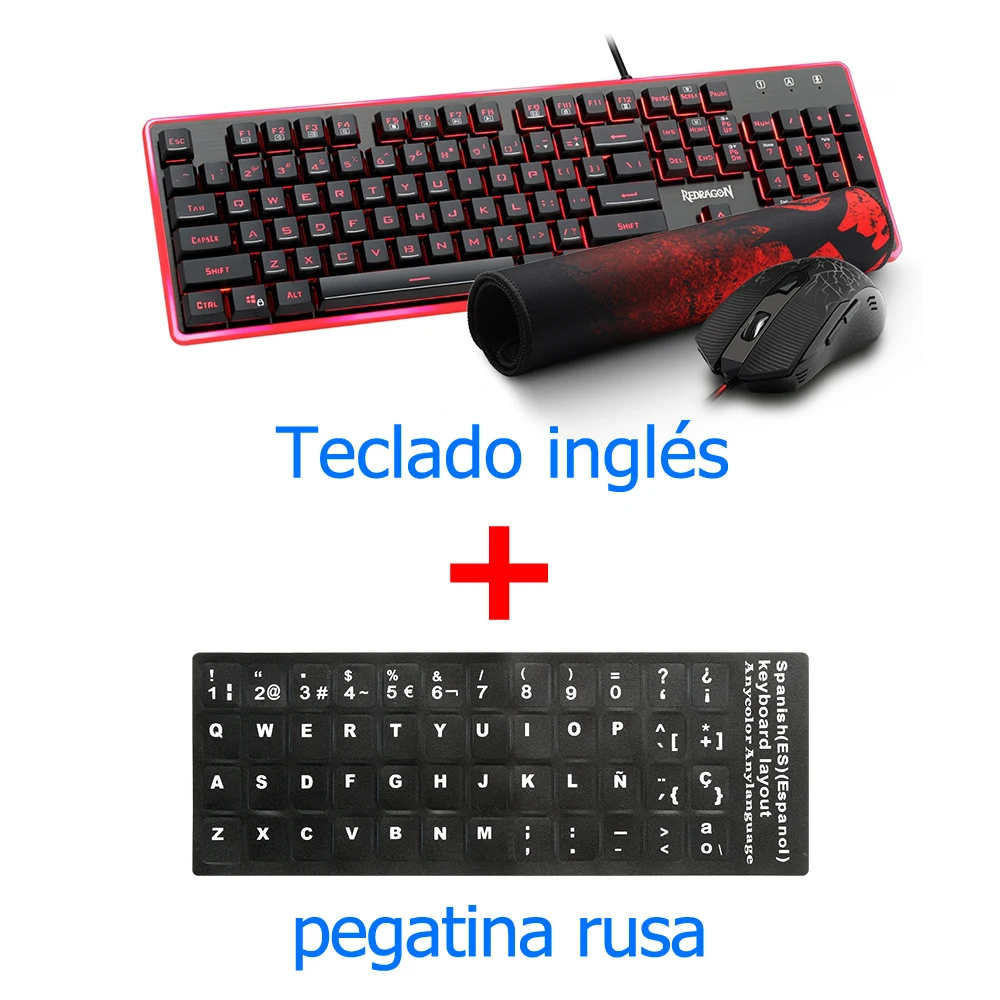 Redragon S107 USB Gaming Membrane RGB Keyboard mouse pad combos 104 keys 3200 DPI 6 buttons Mice Set Wired computer PC game - Цвет: S107 ES