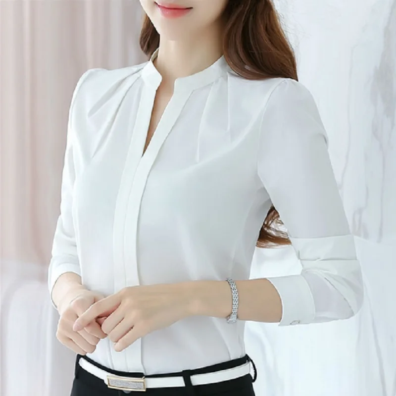 Женская шифоновая блузка с V образным вырезом и длинным рукавом|office shirt|chiffon