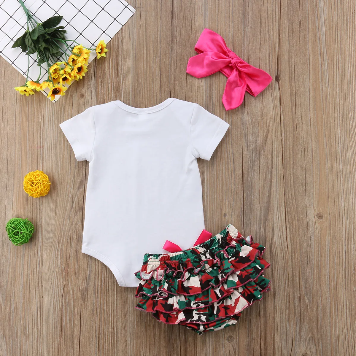Cute Camouflage 3pcs Kid Baby Girls Clothing Set White Rompers Bodysuit + Camo Ruffles Skirts +Headband Outifts | Детская одежда и