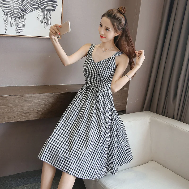 women summer black plus size 3XL plaid gingham dress | Женская одежда