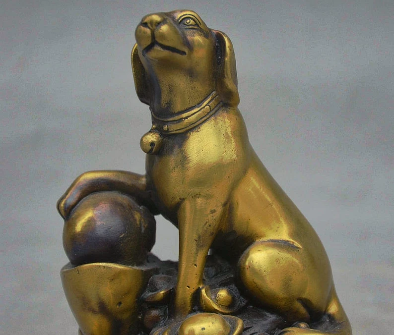 WBY China FengShui Bronze Copper Zodiac Year Dog Wealth Coin YuanBao Animal Statue | Дом и сад