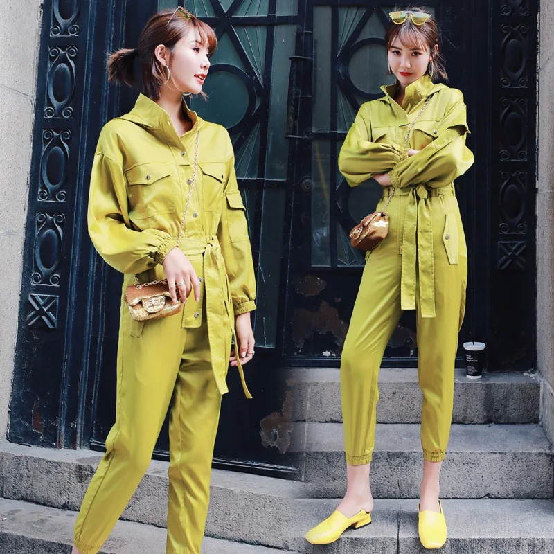 2019 Осень Новый женский Модный комбинезон с карманами Капюшоном Повседневный