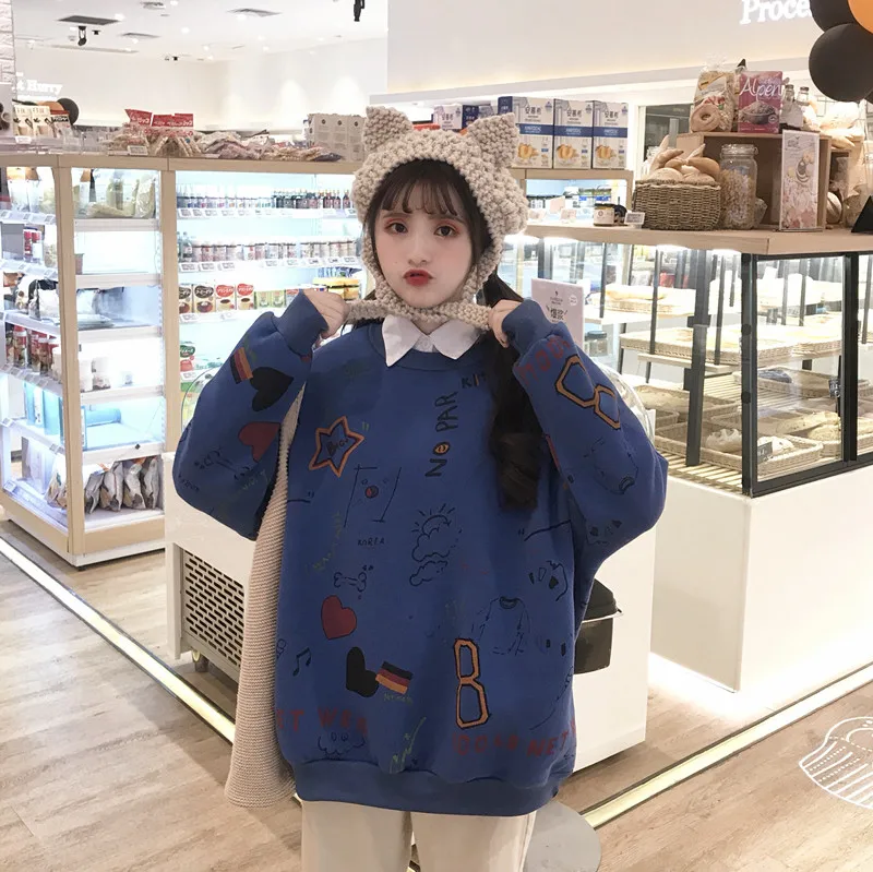 Граффити Повседневная Свободная Толстовка Женские кофты японский Harajuku Ulzzang