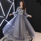 Женское вечернее платье с аппликацией Beauty-Emily, длинное синее или серое платье с цветочным принтом и бусинами, платье для выпускного вечера