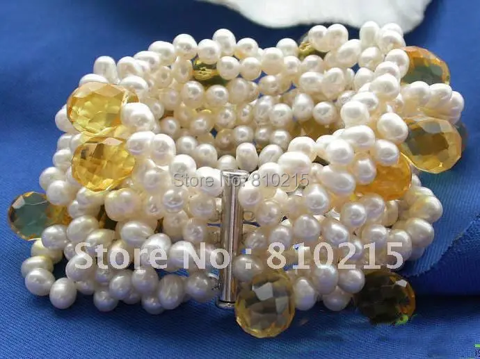 

Extendible 10Rows 8inch AA6-14MM White Rice Cultured Freshwater Pearl Citrine Bracelet Fashion Pearl Jewelry New Free Shipping