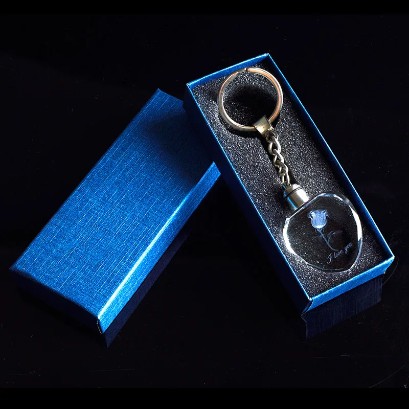 Heart Shape Romantic Rose Key Chain Crystal lovers Flower Key Ring Laser Engraved Colorful LED Light Couples Souvenir Gift - Цвет: With gift box