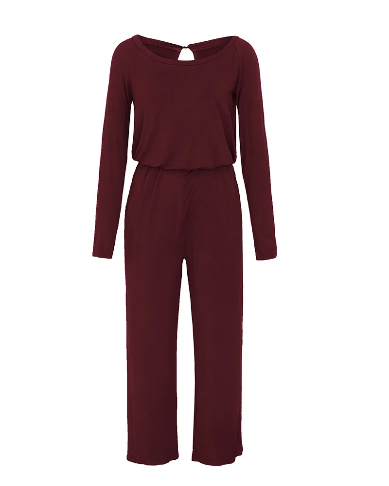 

Casual Solid Skew Neck Female Jumpsuit Elegant Long Sleeve With Pockets Jumpsuit Women Office Lady Hollow Out Overalls For Women