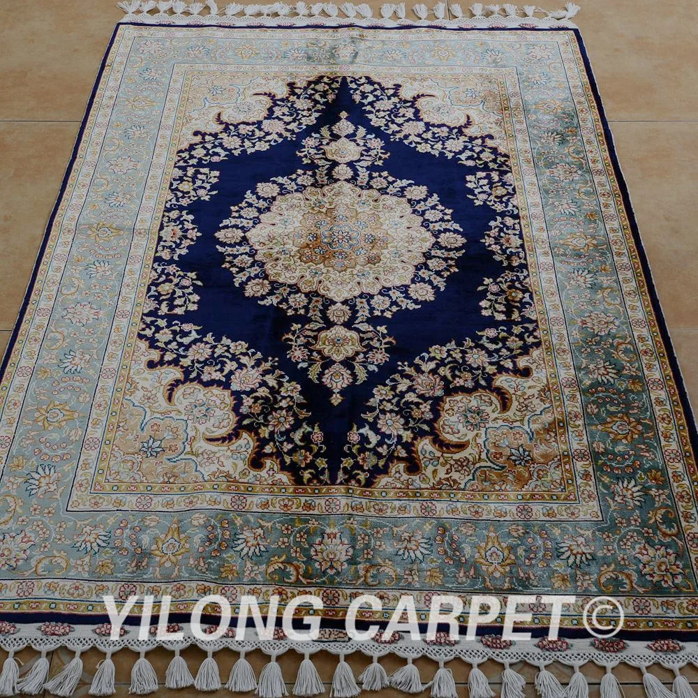 Yilong 3 5 'x 5' Тебриз ковер темно синий ручной УЗЕЛКОВЫЙ изысканный маленький