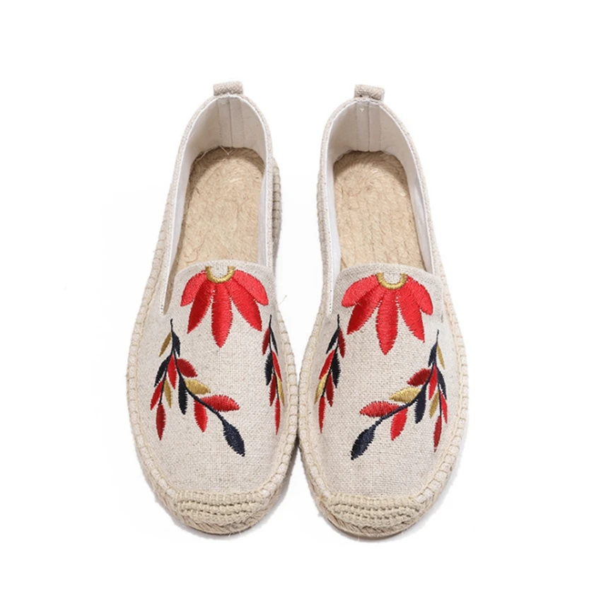 Women Embroidered Maple Leaves Hemp Espadrilles Ladies Female Slip-on Flat Shoes Woman Flats | Обувь