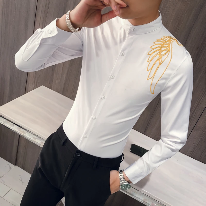 Фирменная Новинка Для мужчин платье рубашка мода осень Вышивка Slim Fit рубашки