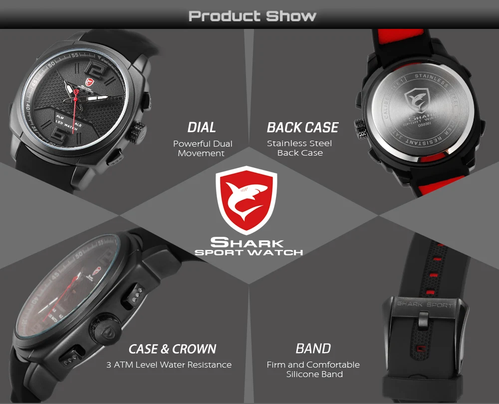 Cool New Whitetip Reef Shark Sport Watch LED Dual Time Zone Date Alarm Top Brand Silicone Quartz-Watch Relogio Masculino / SH486