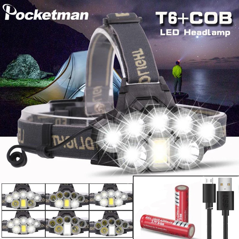 Мощный светодиодный налобный фонарь 2 * T6 + 5 Q5 1 COB суперъяркий водонепроницаемый