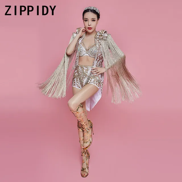 Gold Sequins Epaulet Fringes Costume Bra High Waist Short Female Singer Stage Dance Performance Wear Show Top Bottom Set 3