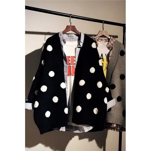 black cardigan Neploe, винтажный свободный женский свитер, вязаный кардиган в горошек,, осенне-зимняя одежда для женщин, большие размеры, теплые пальто 39920 - Цвет: black cardigan
