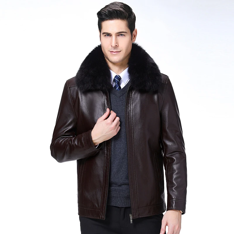 Куртка мужская кожаная из искусственной овчины с воротником меха кролика|Куртки