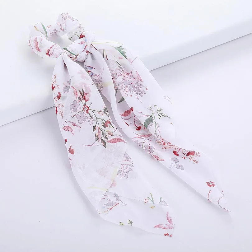 white flower LEVAO резинка для волос с цветочным принтом, женский шарф для волос, эластичная лента для волос в богемном стиле, бант для волос, резиновые веревки, аксессуары для волос для девочек - Цвет: white flower