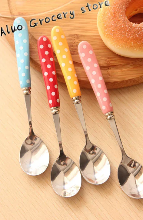2015 Vintage Polka Dot Ceramic Handle Tableware Stainless Steel Spoon &amp Fork Multi - Purpose Mixing AL-017 | Дом и сад