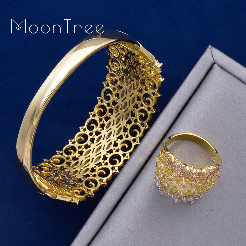 MoonTree роскошный большой Нежный 3 тон смешанный кубический цирконий медь геометрические вечерние свадебные Саудовская Арабский Браслет в дубайском стиле набор колец