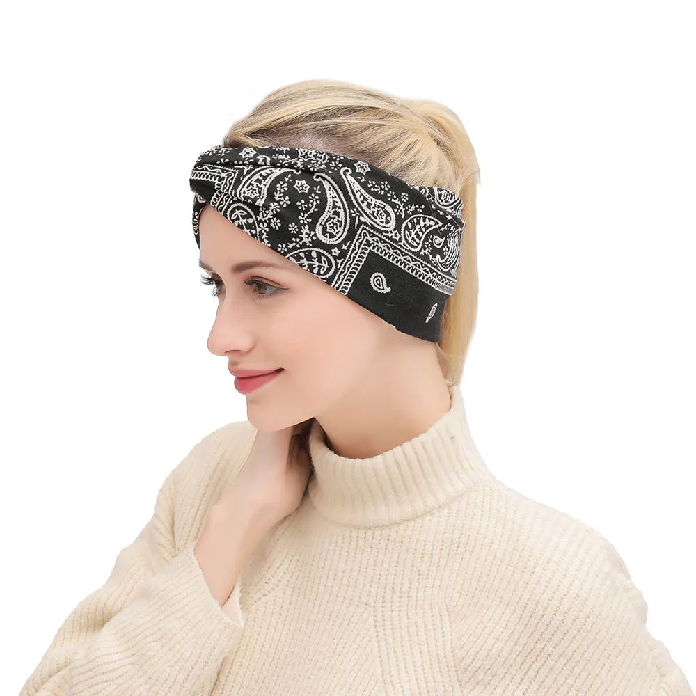 

Bohemian Style Hairband For Women Geometric Cashew Print Retro Cross Knot Turban Bandage Bandanas Headwear Hair Accessories
