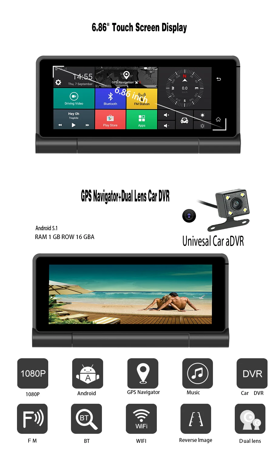 Topsource 4G Автомобильный gps навигатор Android 5,0 Bluetooth ПЗУ 16 Гб ОЗУ 1 Гб Full HD 1080 P Enregistreur видео avec deux камеры