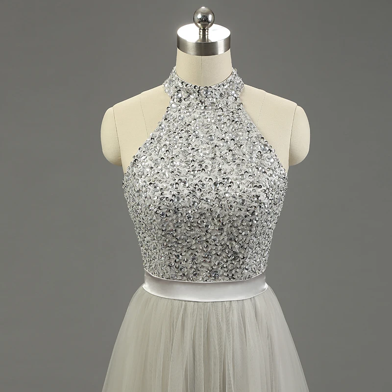 Мода 2017 г. Высокая шея блестками Длинные платье для выпускного вечера Тюль платья