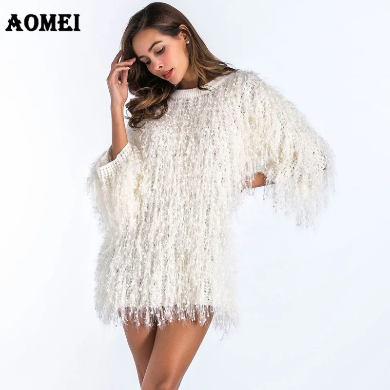 Autumn Faux Fur Crocheted Tassel Fluffy Sweater 2019 Women Tops Three Quarter Fashion Long Party Pullover Femme Winter Warm Wear | Женская