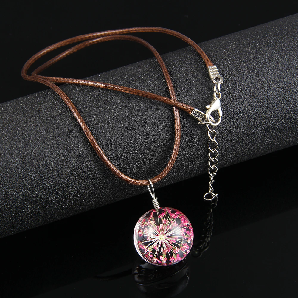 Романтические настоящие сухие цветы для девочек ожерелье с подвеской из стекла