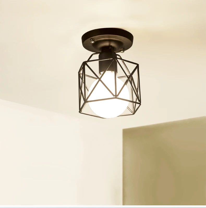 Retro Minimalist Vintage Ceiling Light, Led Birdcage Iron Hexagon Geometric Black Metal Aisle Light Home Lighting Fixture