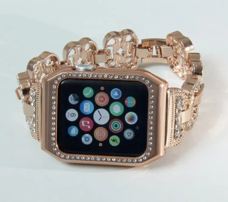 Ремешок для часов с алмазным клевером+ защитный чехол для apple watch, ремешок 42 мм/38 мм, женские наручные часы, браслет для iwatch, ремешок 1/2/3 - Цвет ремешка: Ярко-розовый