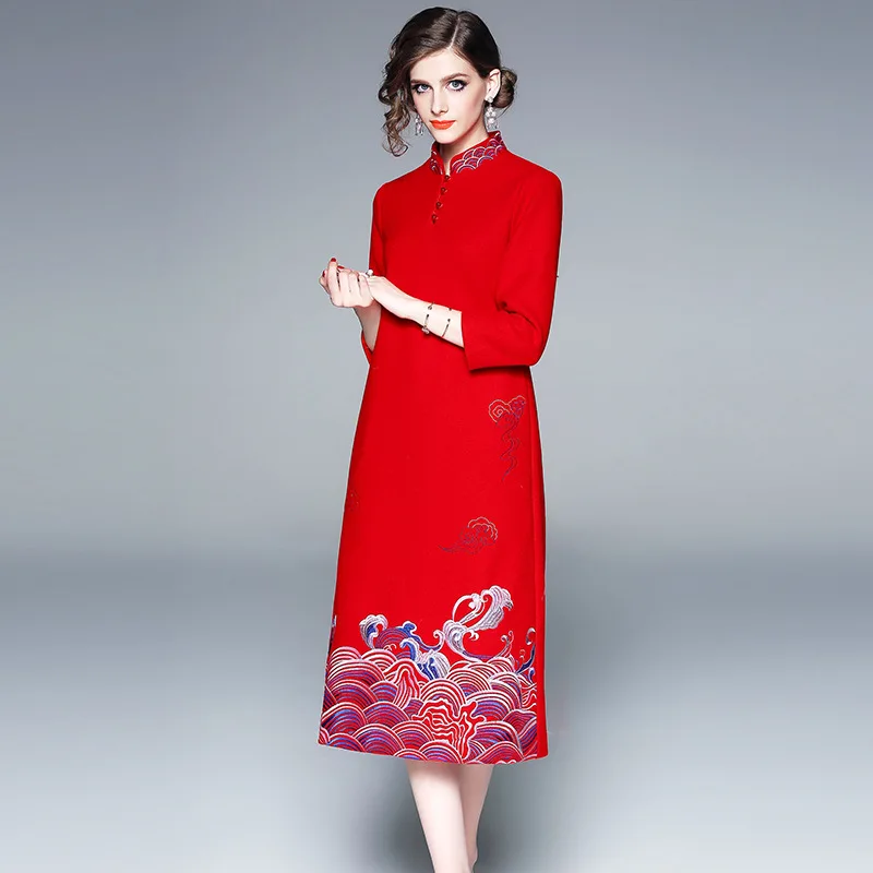 Платье Чонсам с цветочной вышивкой Женское зимнее платье 2018 в китайском стиле