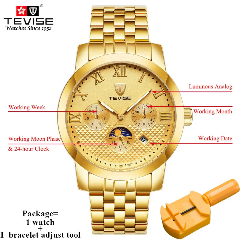 gold Tevise световой бизнес часы для мужчин Moon Phase авто деловые часы для мальчика подсветка выполните календари Дата Неделя DisplayT803B - Цвет: gold