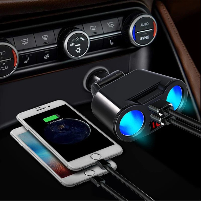 Новое 2USB автомобильное зарядное устройство с 2 прикуривателем вращением мульти