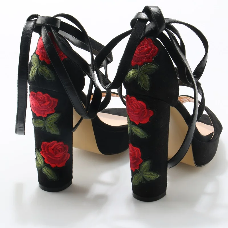2018 Newest Faux Black Suede Leather Women High Platform Sandals Sexy Open Toe Ladies Lace Up Flowers Chunky Heel Dress Shoes | Обувь