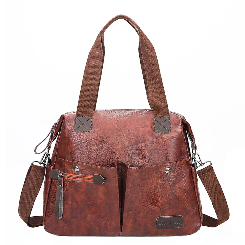 Brown Multi-pocket Casual Large Capacity Women Tote Shoulder Bag PU Leather Ladies Handbag Messenger Bag Soft Shopping Crossbody Bag - Цвет: Brown